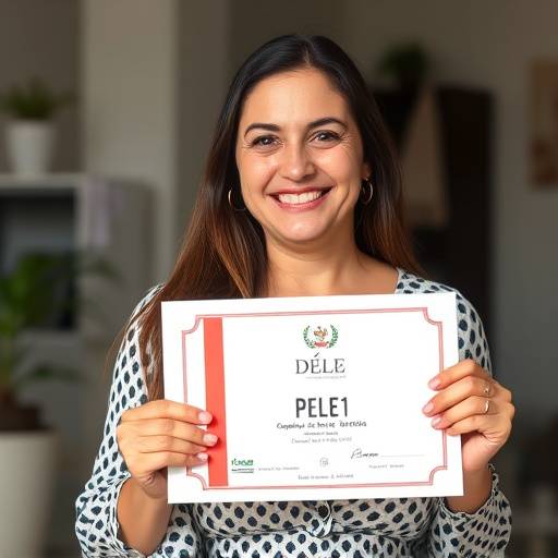 Ana Pérez, Profesora de Español, sosteniendo un certificado DELE C1 y sonriendo.