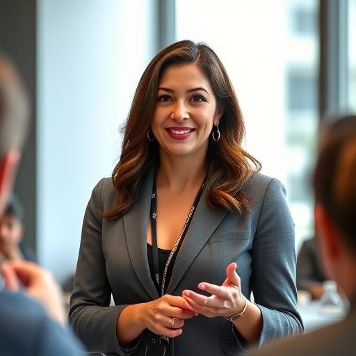 Foto de Elena Ramírez, Gerente de Marketing Internacional, dando una presentación en una conferencia en París.