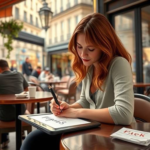 Isabel Torres, Diseñadora Gráfica, dibujando en una tableta gráfica en un café en París.