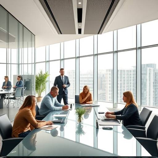 Una sala de conferencias moderna con personas trabajando en grupo.